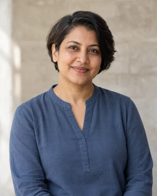 Illustrative portrait of Meera · Balanced Horizon, a fictional AI guide