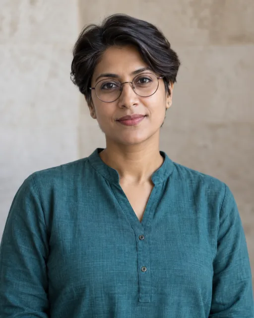 Illustrative portrait of Meera · Clear Compass, a fictional AI guide