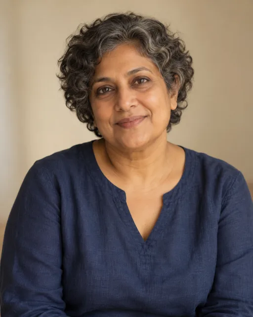 Illustrative portrait of Meera · Open Window, a fictional AI guide