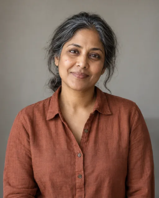 Illustrative portrait of Meera · Quiet Lantern, a fictional AI guide