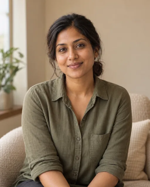 Illustrative portrait of Meera · Steady Observer, a fictional AI guide