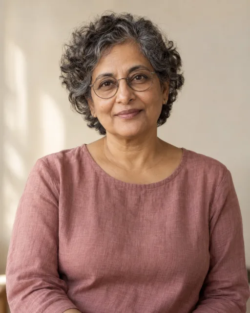 Illustrative portrait of Meera · Simple Anchor, a fictional AI guide