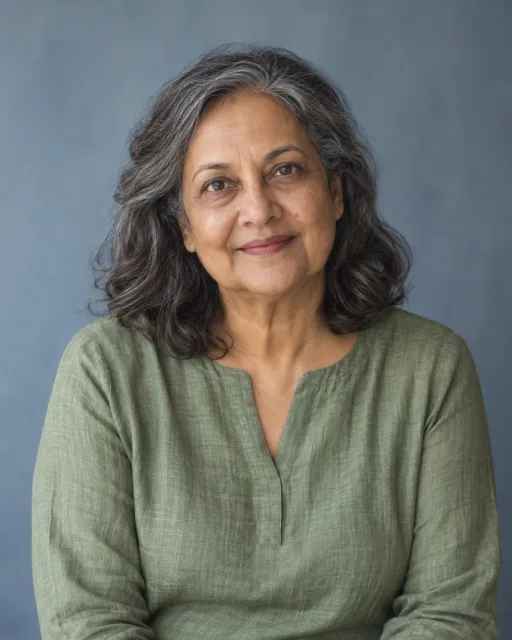 Illustrative portrait of Meera · Grounded Path, a fictional AI guide