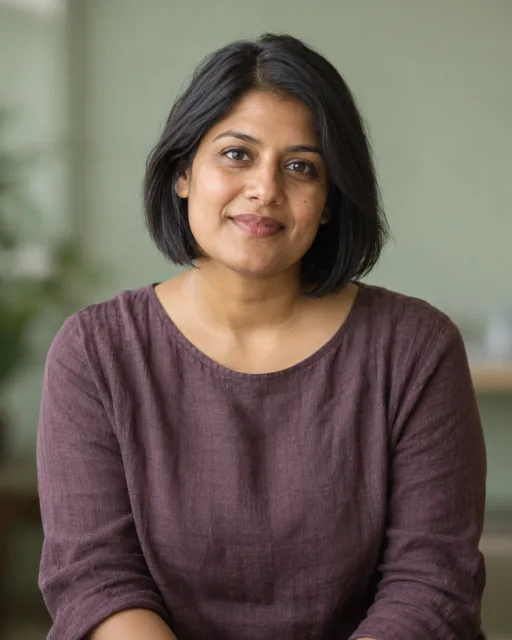 Illustrative portrait of Meera · Pattern Reader, a fictional AI guide