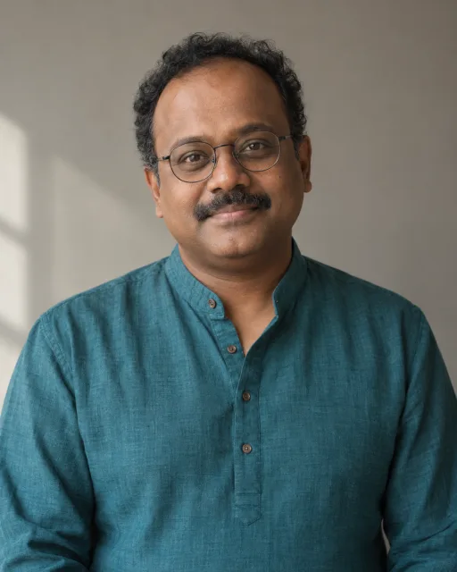 Illustrative portrait of Kabir · Clear Compass, a fictional AI guide