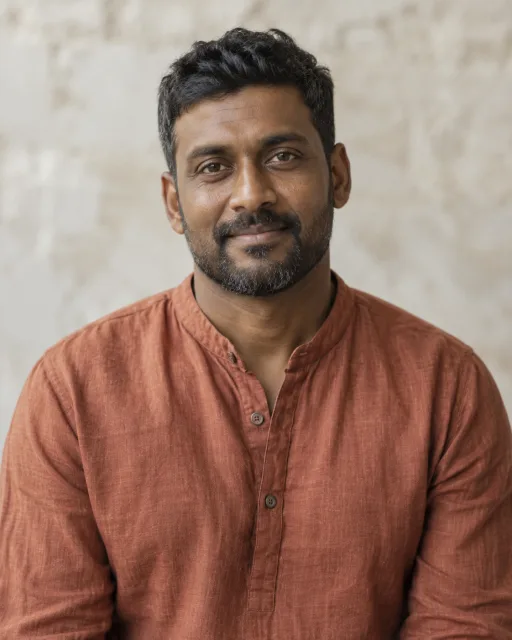 Illustrative portrait of Kabir · Bright Step, a fictional AI guide