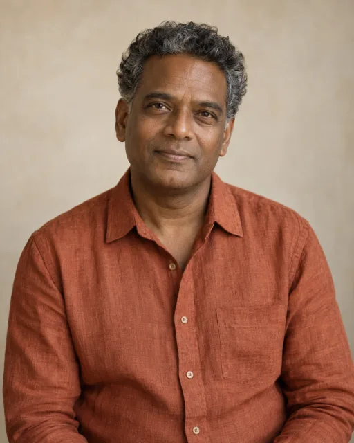 Illustrative portrait of Kabir · Quiet Lantern, a fictional AI guide