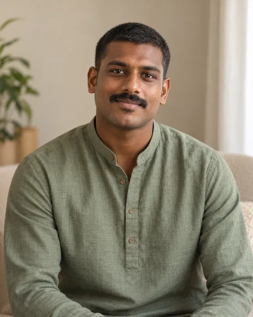 Illustrative portrait of Kabir · Grounded Path, a fictional AI guide