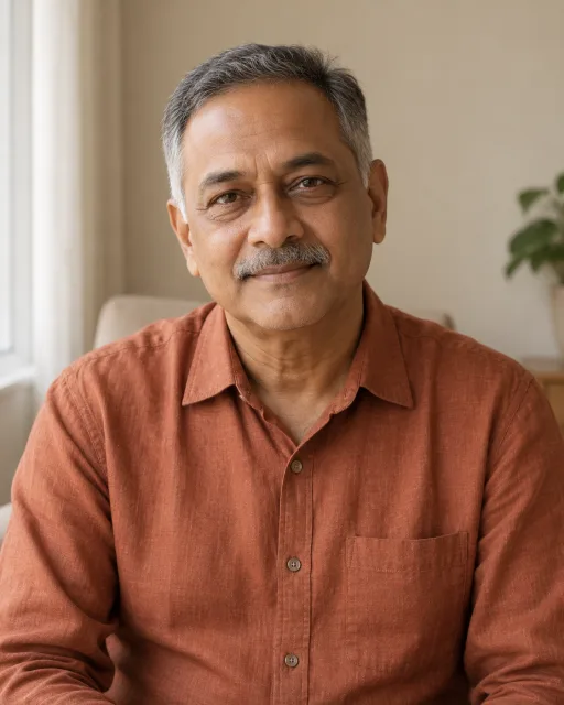 Illustrative portrait of Nikhil · Quiet Lantern, a fictional AI guide