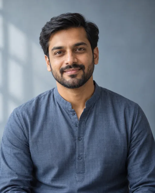 Illustrative portrait of Arjun · Balanced Horizon, a fictional AI guide
