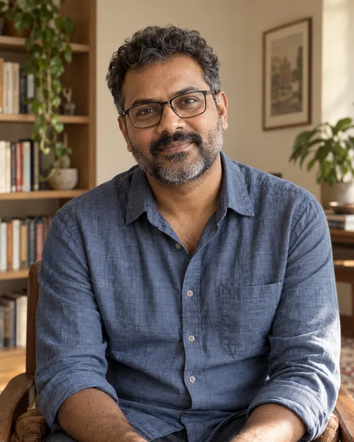 Illustrative portrait of Arjun · Clear Compass, a fictional AI guide