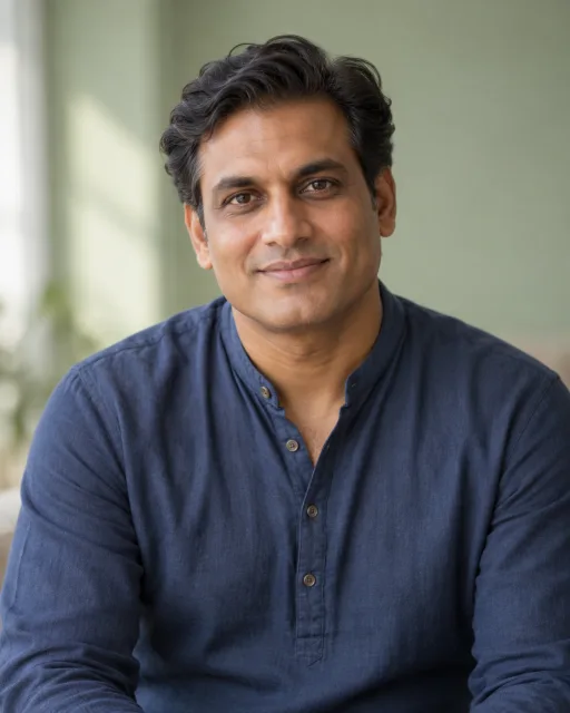 Illustrative portrait of Arjun · Open Window, a fictional AI guide