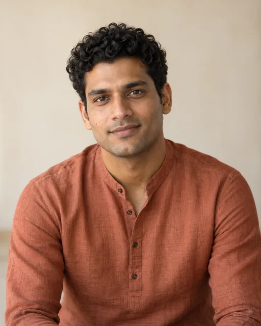 Illustrative portrait of Arjun · Bright Step, a fictional AI guide