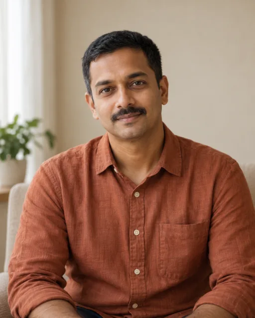 Illustrative portrait of Arjun · Quiet Lantern, a fictional AI guide