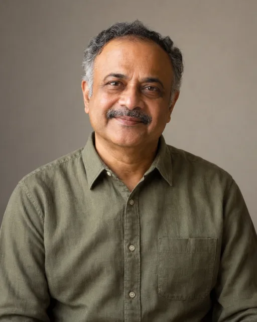 Illustrative portrait of Arjun · Steady Observer, a fictional AI guide
