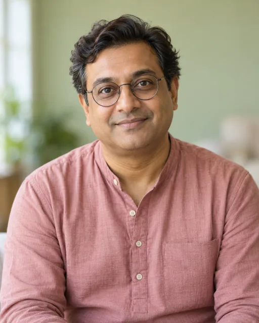 Illustrative portrait of Arjun · Simple Anchor, a fictional AI guide