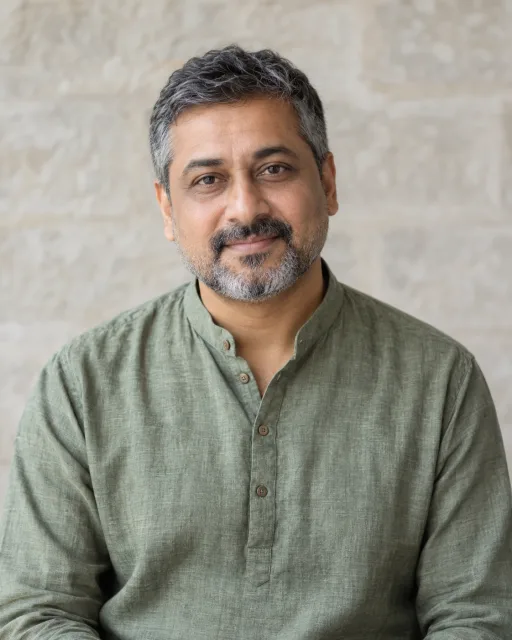 Illustrative portrait of Arjun · Grounded Path, a fictional AI guide