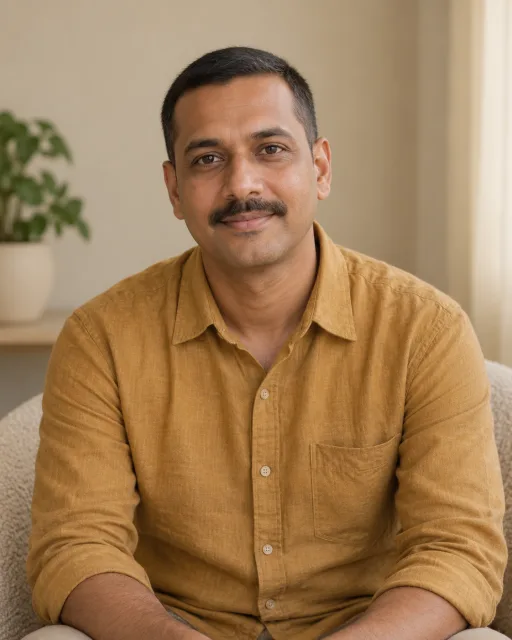 Illustrative portrait of Arjun · Reflective Garden, a fictional AI guide