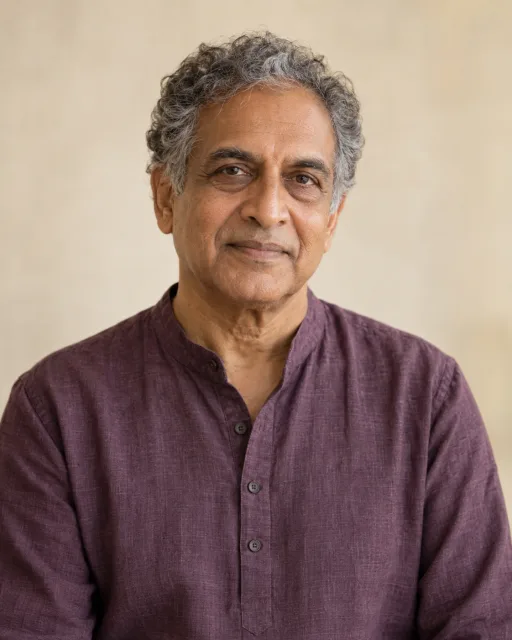 Illustrative portrait of Arjun · Pattern Reader, a fictional AI guide