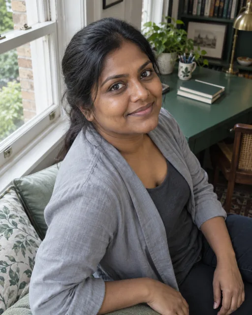 Illustrative portrait of Diya · Grounded Path, a fictional AI guide